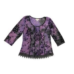 DressBarn Purple & Black Velvet Floral Lace Trimmed Shirt Large Whimsigoth Y2K